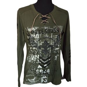 Olive Green Mcbling Rhinestone Lace Up Neck Long Sleeve Top